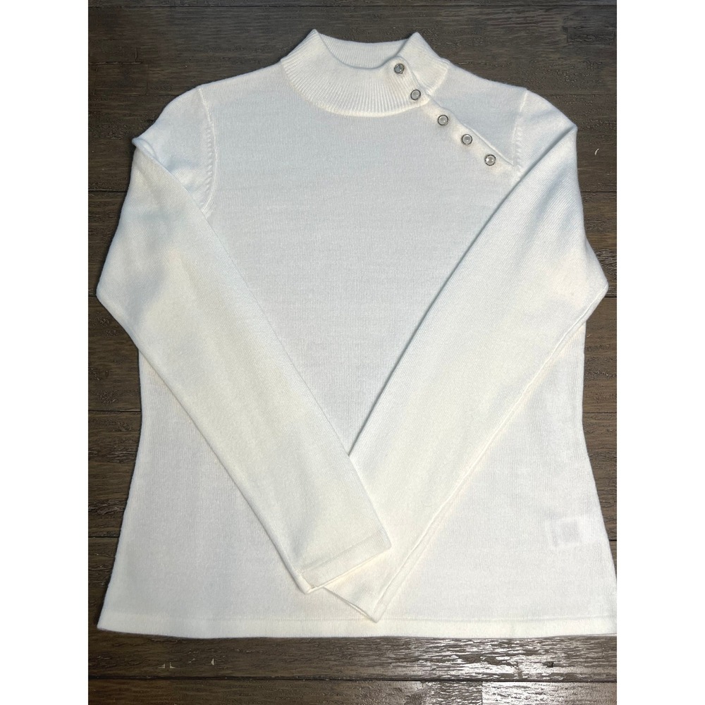 Hampshire Studio Petite White Mock Neck Sweater Pearl Button Accent Sz PS Soft